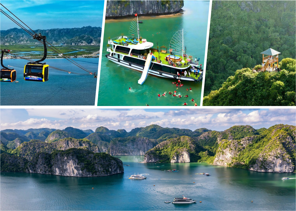 Beautiful bay view of Cat Ba Town center with boats and mountains in Vietnam
